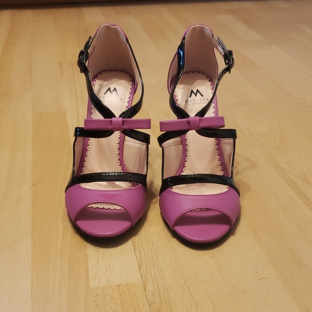 Purple and black strappy stilettos